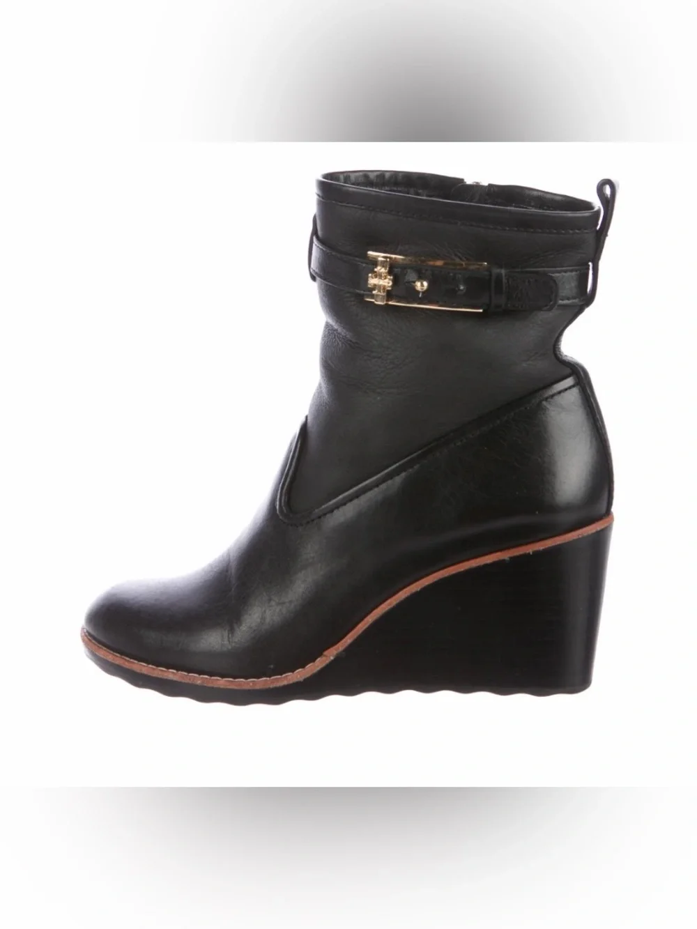Tory Burch Primrose Wedge Ankle Booties Black Leather with Gold Buckle